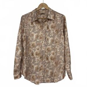 Elie. Elie Tahari Silky Neutral Gray Tan Floral Print Blouse Sz Lg